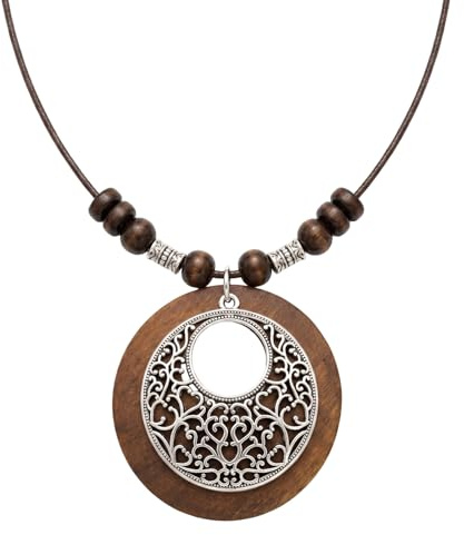 Gdrghe Long collier avec pendentif en bois fait à la main pour femme - Chaîne vintage bohème - Bijoux fantaisie floraux sculptés avec corde en cuir - 1 pièce, Taille unique, Bois, Pas de pierre