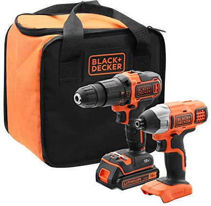 BLACK+DECKER BCK21S1S, Kit de Taladro Atornillador de Impacto Inalámbrico, 1 Batería, Incluye Bolsa de Almacenamiento 18 V