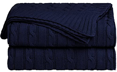 sourcing map Soft 100% Cotton Knitted Throw Blanket for Sofa and Couch, Lightweight Cable Knit Blanket, Home Decorative Blanket, Navy Blue, 50 x 60