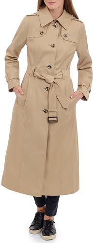 London Fog Women's Single Breasted Long Trench Coat with Epaulettes and Belt, British Khaki, XL