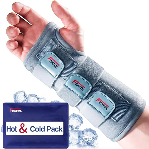 FEATOL Wrist Brace Carpal Tunnel, Night Support Brace with Wrist Splint, Adjustable Straps, Hot/Ice Pack for Women and Men, Right Hand, Medium/Large, Tendinitis, Arthritis, Pain Relief