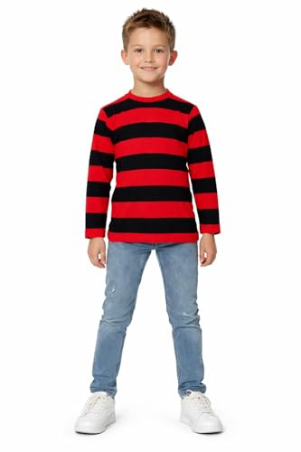 Kids Unisex Striped T-Shirt, Boys & Girls Long Sleeve Cotton Crew Neck Top Casual Party Wear Tee Top (Red-Black, 9-10 Years)