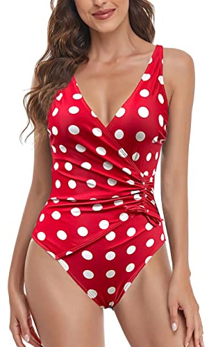 JFAN Costumi Interida Bagno per Donna Monokini Scollo a V Bikini Push Up Costume da Bagno Donna 1 Pezzi Swimsuit Punto Rosso,XXL