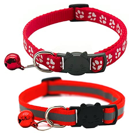 Hepplly Lot de 2 colliers pour chat réfléchissants à libération rapide avec clochette (rouge)