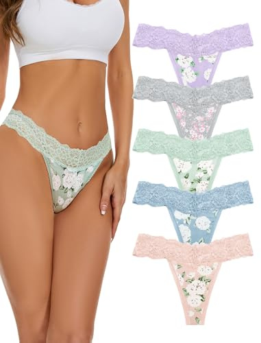 VOENXE Tangas de Mujer Encaje Bragas,Tangas Femenina Pack,Sin Costuras Braguitas,Ropa Interior,para Mujeres,Women Multicolor con Acabado Fino Que No Marca,Suaves y Elásticos Thong Underwear,5 Pack
