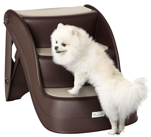 PawHut Escalera para Perros de 3 Peldaños Plegable Escalón de Plástica para Mascotas con Alfombras Antideslizantes para Cama Sofá Carga 15 kg 49x38x38 cm Marrón