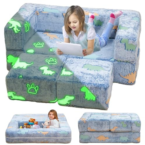 furlinkhm Toddler Couch, Glow in The Dark Kids Play Couch Toddler Fold Out Couch, Kids Fold Out Couch for playroom, Convertible Baby Fold Out Play Foam and Floor Cushion for Bedroom, Blue+Dinosaur
