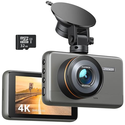 iZEEKER 4K Dashcam mit kostenloser 32GB MicroSD Karte, 2160P Dashcam mit Schleifenaufzeichnung, G-Sensor Auto Lock, Parkmodus, Nachtsicht, WDR