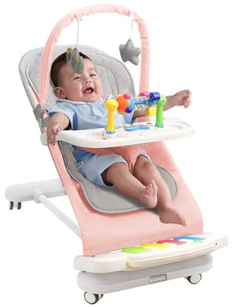 Babywippe mit Abnehmbarer Spielbogen, Baby Bouncer mit Klavierspielzeuge, Fütterungstablett, Verdicktem Kissen und Rädern, 4-Stufig Verstellbare Wippe Baby für Neugeborene 0-18 Monate (Rosa)