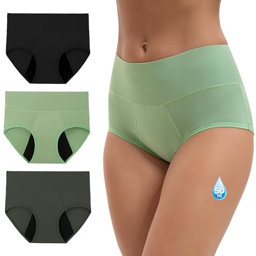 INNERSY Period Pants Heavy Flow Menstrual Briefs, 14,Black/Steel Grey/Green
