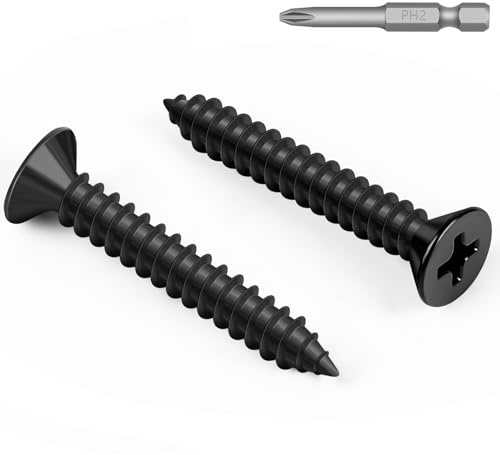 50 PCS #10 x 2 Black Sheet Metal Screws, Flat Head Phillips Fast Self Tapping Screws, Countersunk Head Wood Screws, Carbon Steel, Screwdriver Bit Included