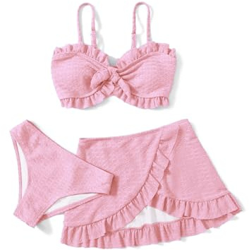 Maillot de Bain 3 pièces pour Fille avec Jupe torsadée sur Le Devant, Haut de Bikini, Slip de Bain de Couleur Unie et Jupe Cache-Maillot de Bain pour la Plage et la Piscine, Bikinis pour 5 à 14 Ans