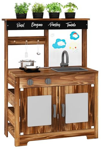 DREAMADE Cuisine de Boue, Jouet de Cuisine pour Enfants avec Évier Amovible, Robinet, Double Réchaud, 4 Pots de Plantation et Tableau Acrylique, Cuisine d’Extérieur en Bois pour Enfants de 3+ Ans