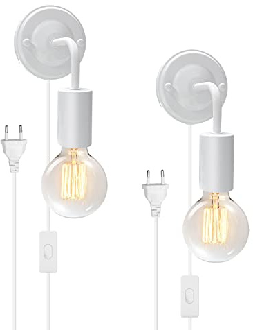 2 Piezas Blanco Lámpara de Pared Interior con Interruptor y EU Enchufe, Aplique Pared Interior de Metal E27 Lampara Pared Moderna Iluminación Interior para Salón, Dormitorio, Pasillo (No Bombilla)