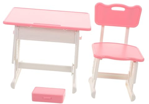 HEALSOPTHY Mini Bureau Et Chaise D’écolier pour Maison De Poupée Garçon Et Filles, Mobilier Miniature Rose, Ensemble Scolaire Réaliste, Décoration Et Jeu Éducatif, Accessoires Miniatures De Classe