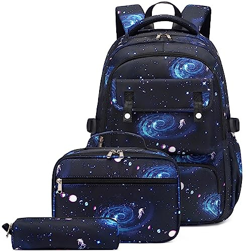 Galaxy Rucksack Weltraum Schule Büchertasche mit Brotdose für Jungen & Mädchen - Leichter wasserabweisender Rucksack für Grund- und Grundschüler, blau, L