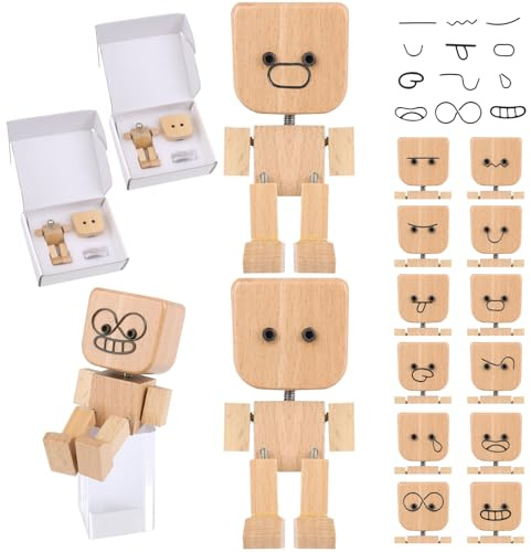 JIANGZHIB 2 Stück Schüttelmann Holz, Lustige Wackelfigur Auto, Wackelnder Holzmann mit 12 Magnetischen Gesichtsausdrücken, Wackelnde Holzfigur für Autos und Schreibtische Dekoration
