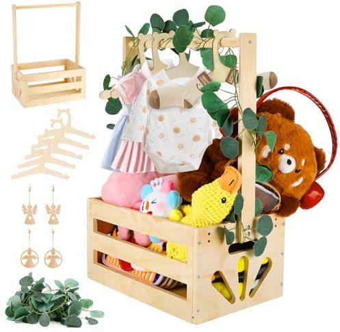 Alitree Cesta Madera Baby Shower, Cesta de Almacenamiento para Bebé, Armario para Baby Shower, con Asa Y 5 Perchas De Madera Armario Bebe Percha para Niños para Cumpleaños, Navidad, Nuevos Padres