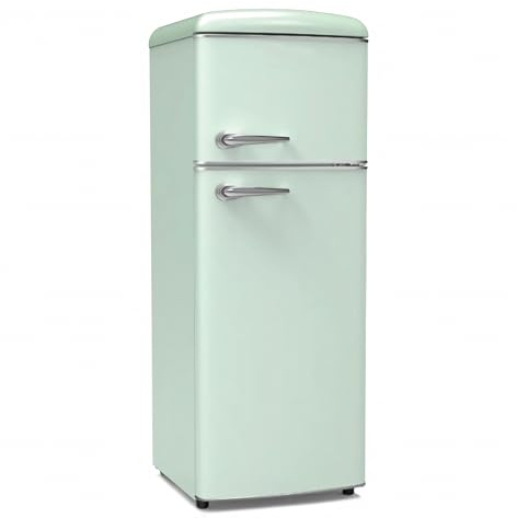 EMPOTEC Frigorifero Retrò Vintage 240 Litri Totali Acciaio Laminato Maniglie in Plastica Cromata Luce Congelatore 43 Litri 2 Ruote Posteriori Temperatura Regolabile 149H x 55P x 61L (Verde)