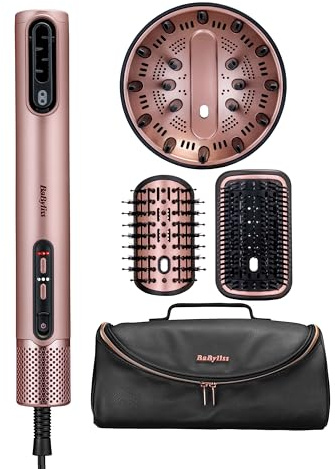 BaByliss Air Wand - Hårfön, Plattång, Styler och diffuser Allt i Ett - Rosa | Vått till Torrt hårstyling, Inga Värmeskador, Antifrizz jonisk teknik, Ultralätt, 3 Tillbehör, lyxig presentpåse, AS6556E