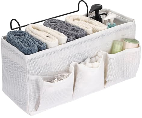 IGNPION Net Bedside Hanging Storage Baskets, Bed Organiser Caddy, White | Bedside Storage Pocket for books, chargers, Mulit-purpose Hanging Storage Bag for Home Chair Office Dormitory Hospital