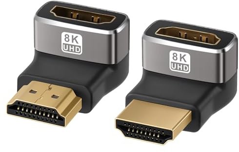 8K HDMI-vinkelkontakt adapter 2 stycken, (90 och 270) klass HDMI 2.1 kontakt till hona vinkeladapter koppling kontakt, 8K@60Hz,4K@120Hz,HDR, VRR, Dolby, eARC, 3D, kompatibel med bärbar dator, TV