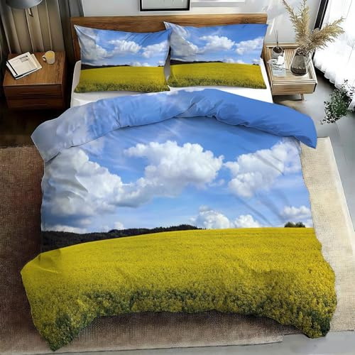 Ypthriline Rapeseed Flowers Duvet Cover King Blue Sky Bedding Set 3 Pcs Super Soft Breathable, 1 Reversible Duvet Covers with Zipper Closure and 2 Pillow Shams