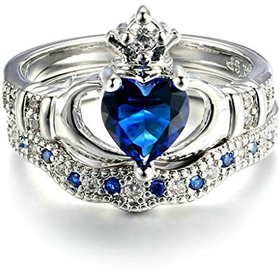 ANAZOZ Bague Claddagh Irlandaise Femme 2 Anneaux Or Blanc Bleu Zircon Cubique Cœur Bague Mariage Romantique Taille 59