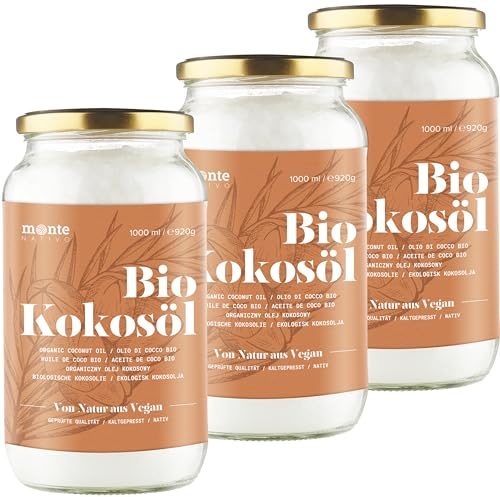 Huile de Coco Bio Extra Vierge MonteNativo - 1000ml (1Liter) Huile de Noix de Coco Biologique et non Raffinée, Pure et 100% Bio - Idéale Pour Les Cheveux, Le Corps et Comme Aliment (3x1000ml)