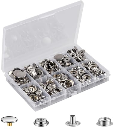 MSDADA Sätze Druckknöpfe Set, Button Werkzeug Metall Fastener Druckknopf Schraubbar Edelstahl Muttern und Bolzen Set für Kleidung Leder Handwerk Jacke Brieftasche Handtasche (50, Silber ohne Werkzeug)