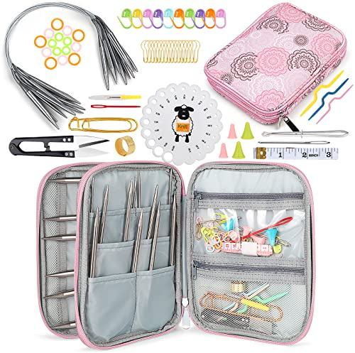 Coopay Ferri da Maglia Circolari in Acciaio Inox, 40 cm, con Borsa e Accessori per Maglieria, 2,5-10 mm, per Calze, Set Regalo, Rosa