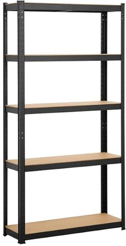 Abician Étagère de Rangement à 5 Niveaux Étagère Garage avec Cadre en Métal Tablette en Bois MDF Réglable en Hauteur Domicile Magasin Bureau Entrepôt 90× 30×180 cm Noir