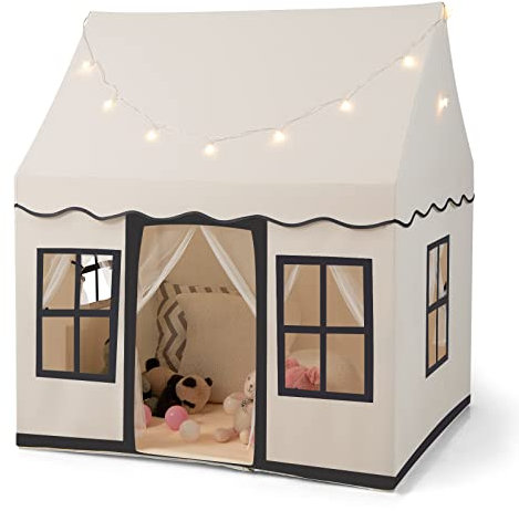 COSTWAY Kids Play Tent, Indoor Large Playhouse with Star Lights, Non-slip Mat and Windows, Castle Fairy Tents for Children Boys & Girls Gift (Beige+Black)