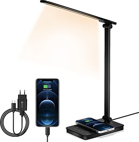 ZOVHYYA Lámpara De Escritorio Led Con Cargador Inal Mbrico De 10 W L Mparas De Escritorio Regulable 5 Niveles Luminosidad 6 Modos De Color 2 Puertos Usb Adaptador Qc 3 0 Temporizador De Luz
