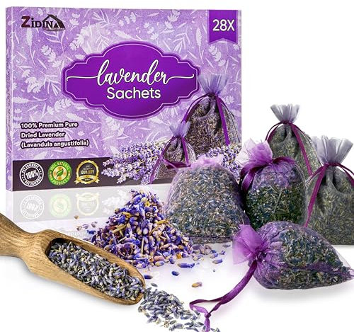 ZIDINA Sacchetti di Lavanda - Set di 28 Lavanda Sacchetti Profumatori Armadio e Cassetti – Profumatore Naturale Casa e Auto, Antitarme per Armadi Vestiti – Sacchetti Profumati per Armadio