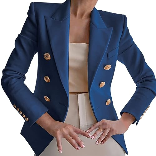 Blazer bleu avec boutons dorés - Blazer court élégant à manches longues - Veste blazer à revers - Col montant - Blazer court cintré - Costume d'affaires - Veste de costume unie - Veste d'automne
