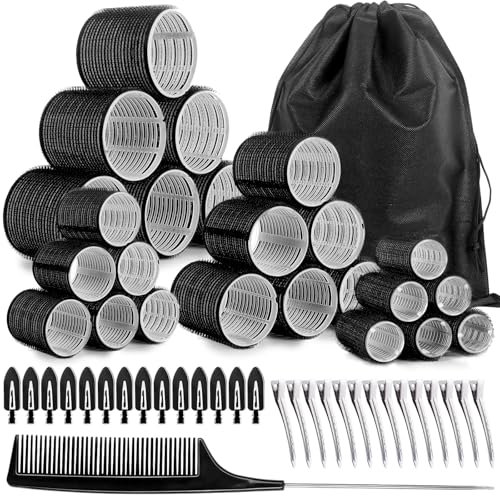 Zefphxs 54 PCS Hair Rollers with Clips, Black Velcro Rollers for Hair, Jumbo Large Medium Small Hair Curlers Rollers for Long Medium Short Thick Fine Hair DIY Hairdressing (Black)