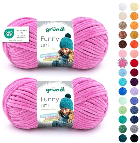 Gründl Laine Funny uni - laine chenille douce pour le crochet – moelleuse et respectueuse de la peau - 100% polyester – 2 pelotes 100 g / 120 m – taille d’aiguille 5-6 -fuchsia