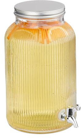 Relaxdays Getränkespender, Limobehälter geriffelt, 5 L, Zapfhahn & Deckel, Wasserspender, Glas & Eisen, transparent