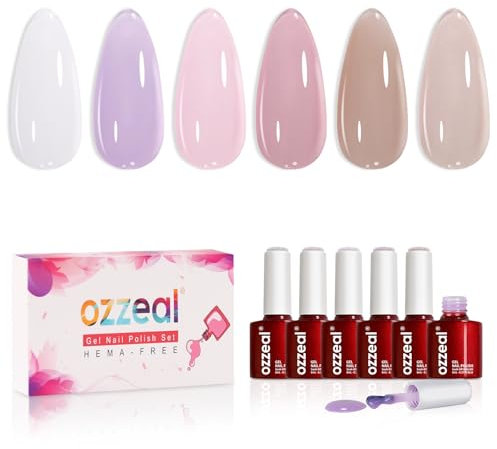 Ozzeal Milky White x Jelly Nude Gel Nail Polish Set, 8ml Hema Free 6 Sheer Colors Transparent Pink Lavender Purple Soak off U V Light Spring Summer Gel Polish Kit for Salon and Nail Art DIY Home
