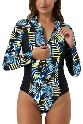 Ecupper Damen Badeanzüge Einteilige Rash Guard Langarm Reißverschluss Surfen Bademode Swimsuit mit BH Grün 52