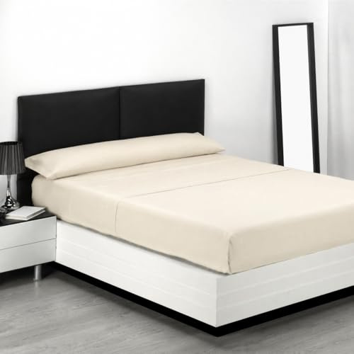 Sábanas 150x190 150x200 - Juego de Sábanas 3 Piezas - 100% Microfibra Suave y Transpirable - Sábana Bajera Ajustable, Encimera y Funda Almohada - Ropa de Cama Lisa y Elegante (Crema)