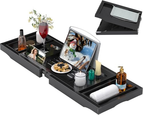 Bathtub Caddy Tray for Tub,Foldable Bath Table Trays,Bamboo Shelf with Book and Wine Glass Holder,Bathroom Accessories Suitable for Luxury Spa or Reading,Black