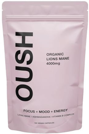 OUSH Organic Lions Mane Supplement 4000mg with Ashwagandha, Vitamin B Complex, 180 Vegan Capsules - Lion's Mane Mushroom 10:1 Extract, UK Made for Mental Performance & Nervous System