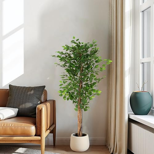 Christopher Knight Home Luke 63''H Pre-Potted Artificial Tree Indoor, Artificial Ficus with Nursery Pot, Faux Tree with Natural Wood Trunk for Home Office Decor, 1pcs with Black Plastic Pot, Green