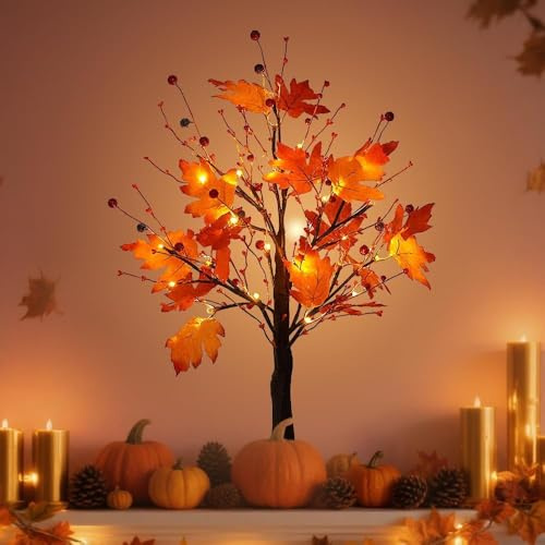 SGZIOO LED Baum Lichter Ahornblatt, Herbstdeko Lichterbaum Innen, Lichterbaum Lichterzweige für Innen mit Timer, LED Baum Lampe Deko mit 24 LEDs, 60 cm Baumbeleuchtung Deko für Tisch