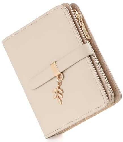 RRANCharltu Purses for Women, Ladies Purse PU Leather for Women Wallet RFID Blocking Card Holder with Leaf Pendant Clasp with Double Pocket Zip Coin Purse ID Window and Multiple Slots Wallet,Apricot
