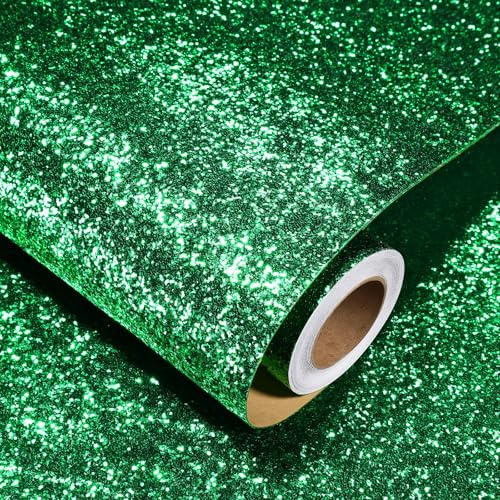Decotalk Carta da Parati Adesiva Glitterata Verde 40X300cm Pellicola Adesiva Per Mobili Verde Autoadesiva Rotolo Carta da Parati Adesivi Per Mobili Vinile Decorazioni per Festa Compleanno Rimovibile