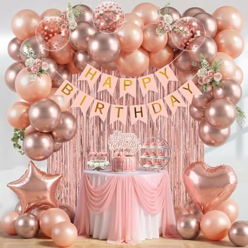 Rose Gold Birthday Decorations, 48pcs Rose Gold Party Decorations | Happy Birthday Banner Latex Balloons Tinsel Curtain Star Heart Foil Balloons for Girls Women Birthday Decorations Party