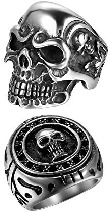 OIDEA 2 Stycken Rostfritt Stål Skalle Biker Ring för Män Pojkar, Silver Svart Retro Charm Punk Rock Herrring Band Storlekar 57 (18.1) Till 76 (24.2)